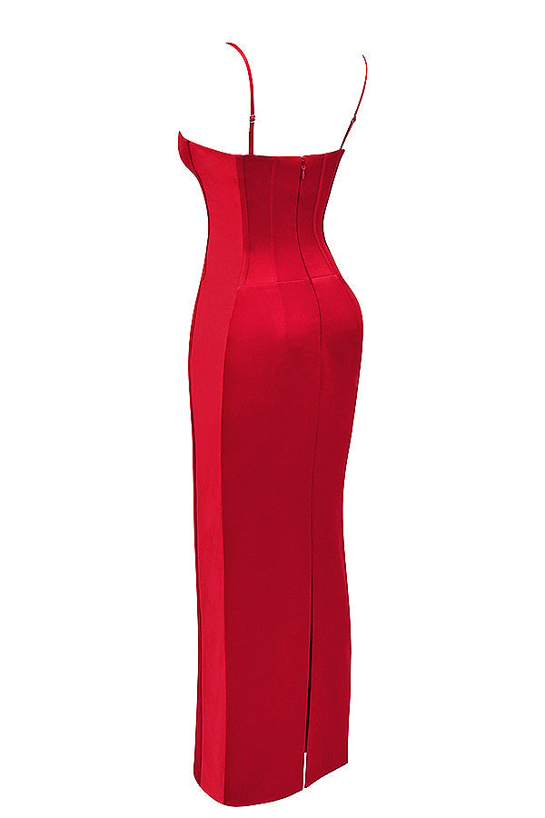 Robe longue corset en satin rouge
