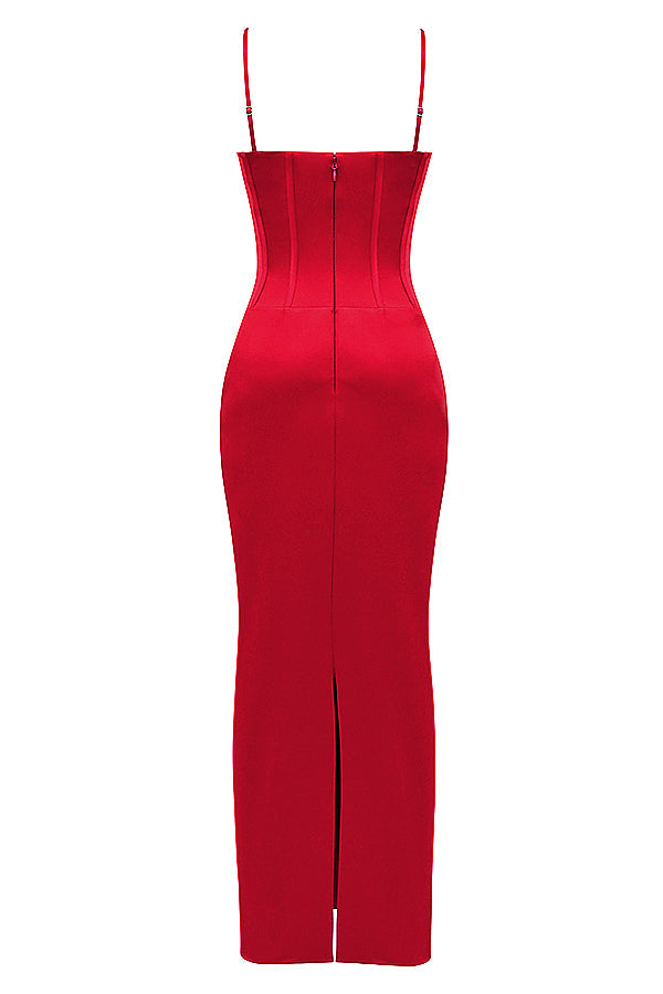 Robe longue corset en satin rouge