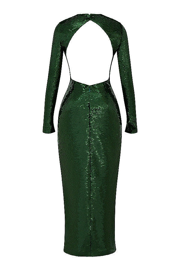 Robe longue vert sapin à sequins