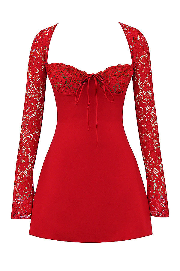 Mini robe en satin et dentelle rouge rose