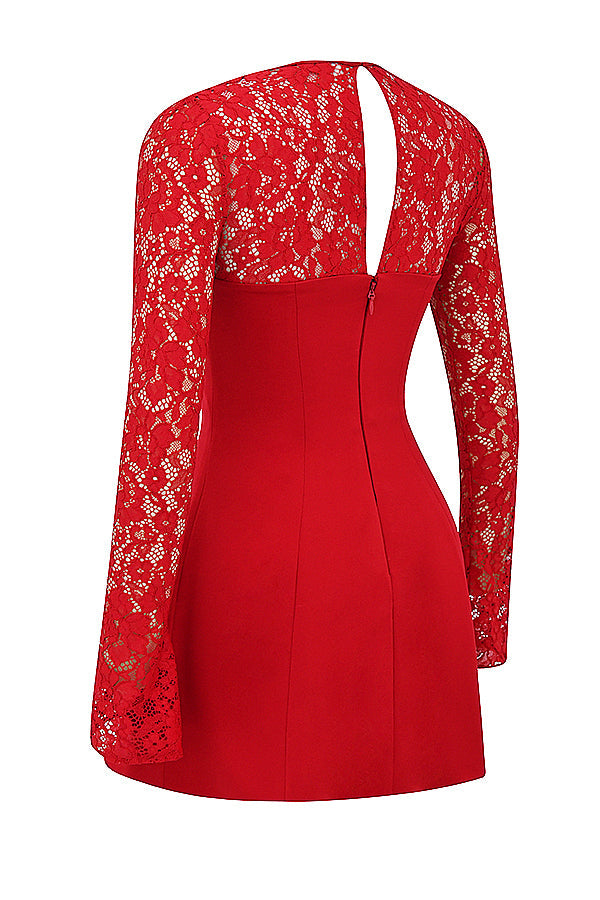 Mini robe en satin et dentelle rouge rose