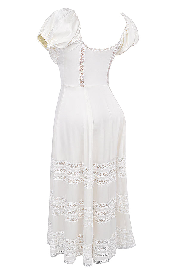 Robe de couleur ivoire en soie véritable avec manches bouffantes