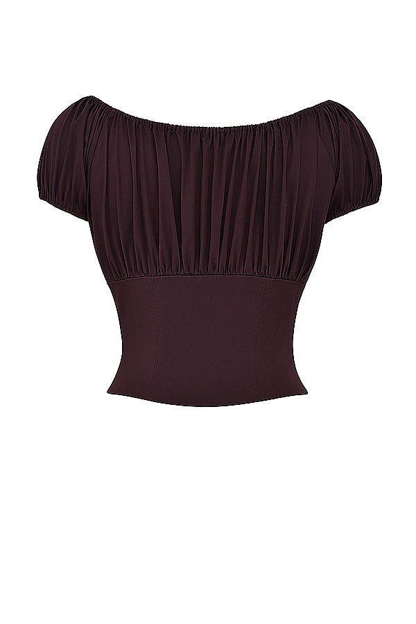 Top à volants en marron foncé et jupe midi à volants
