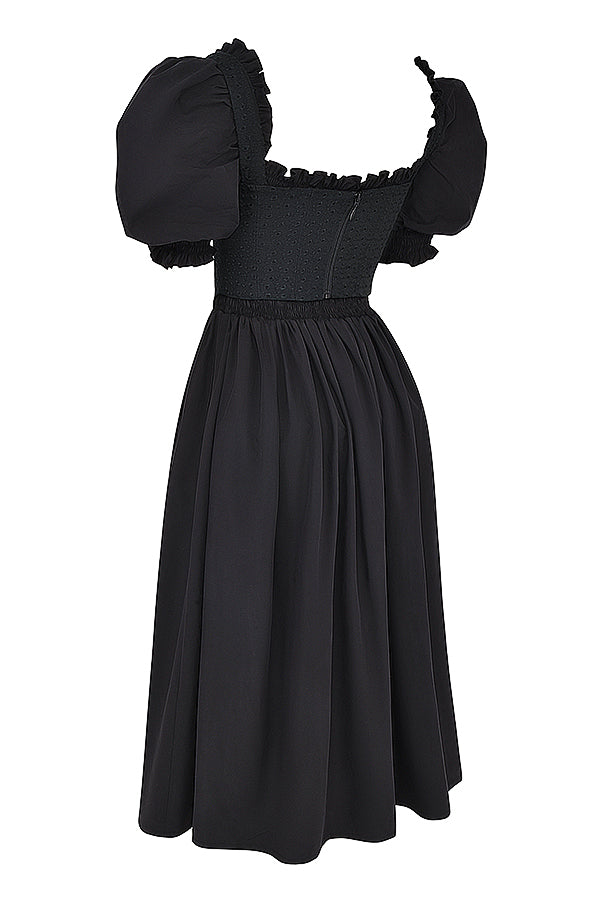 Robe d'été midi noire à manches bouffantes