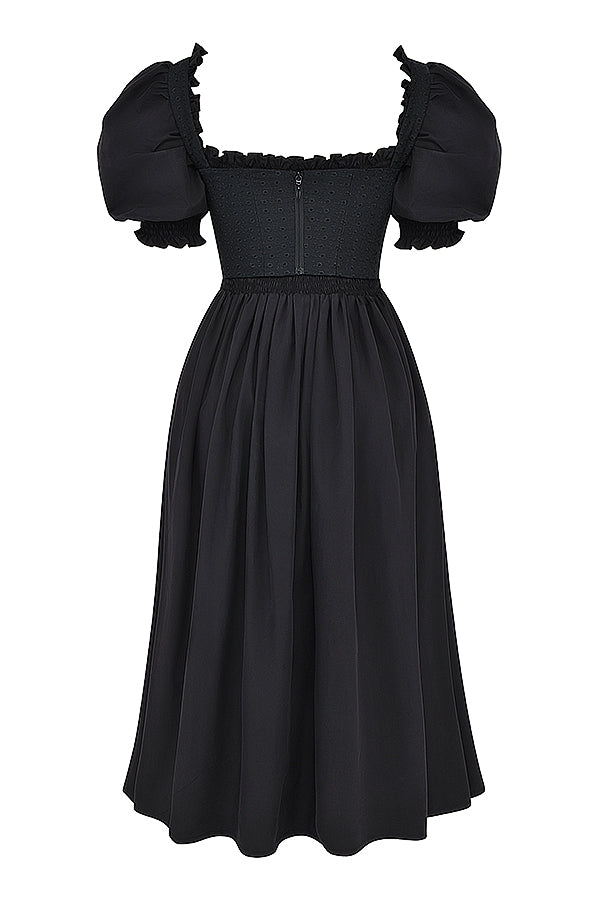 Robe d'été midi noire à manches bouffantes