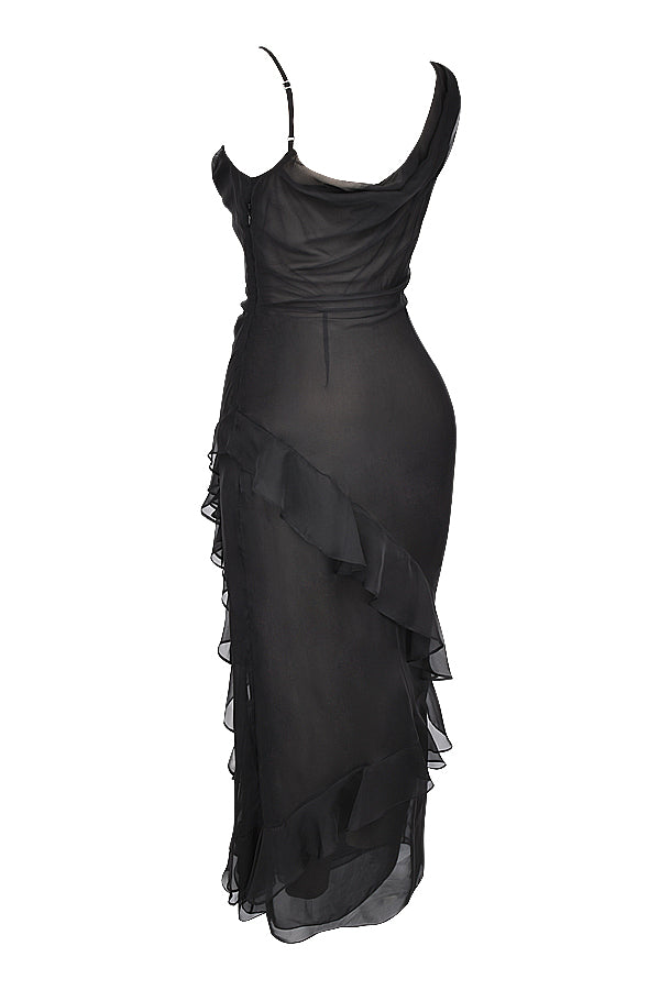 Robe longue noire à volants