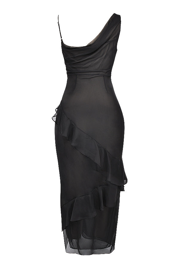 Robe longue noire à volants