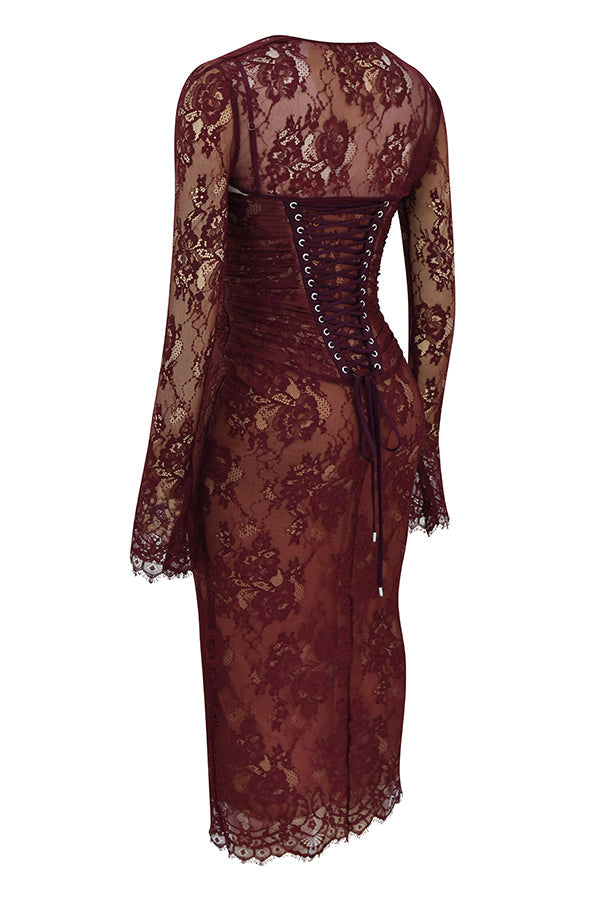 Robe midi en dentelle rouge bordeaux
