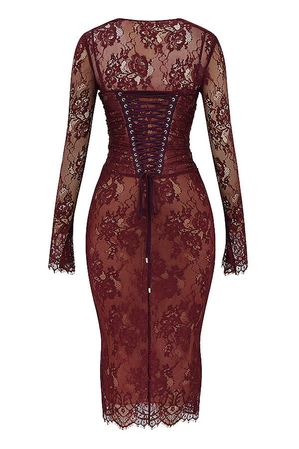 Robe midi en dentelle rouge bordeaux