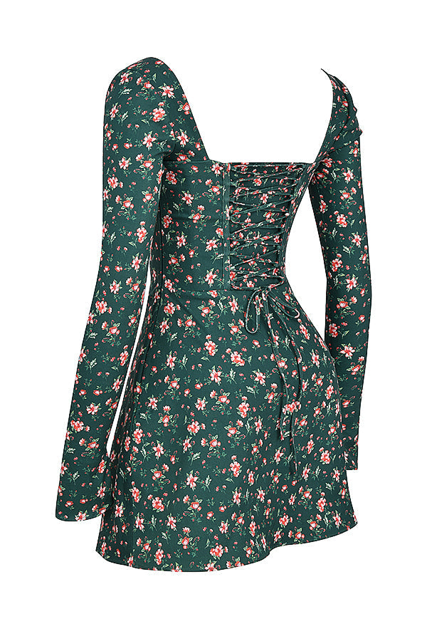Mini-robe corset à fleurs verte