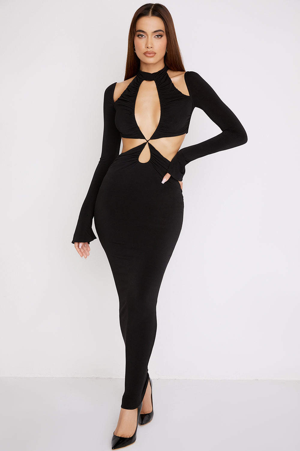 Robe longue en jersey noir avec découpe