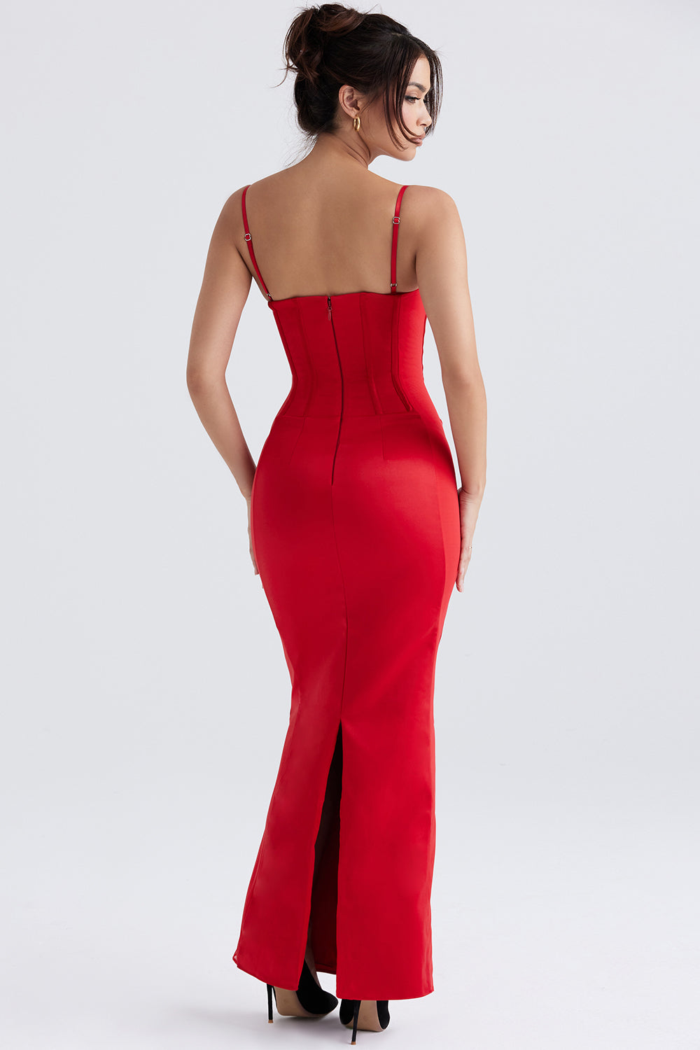 Robe longue corset en satin rouge