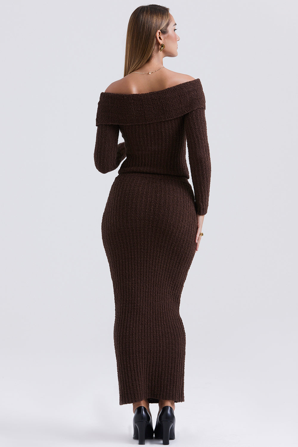 Haut en maille bouclée doux chocolat avec jupe longue en coton