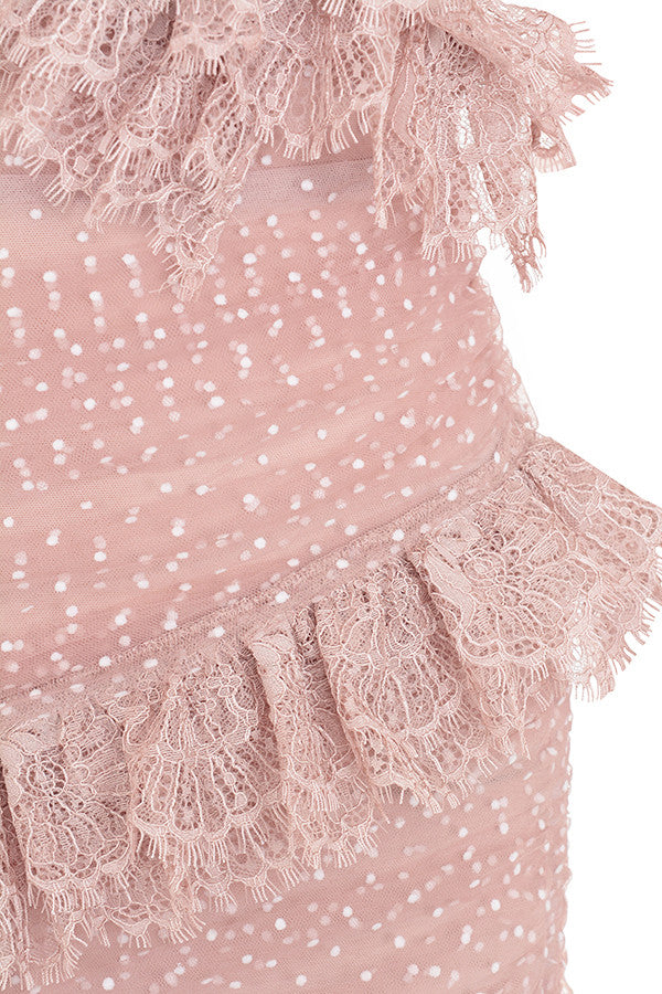Mini-robe rougissante à volants en dentelle