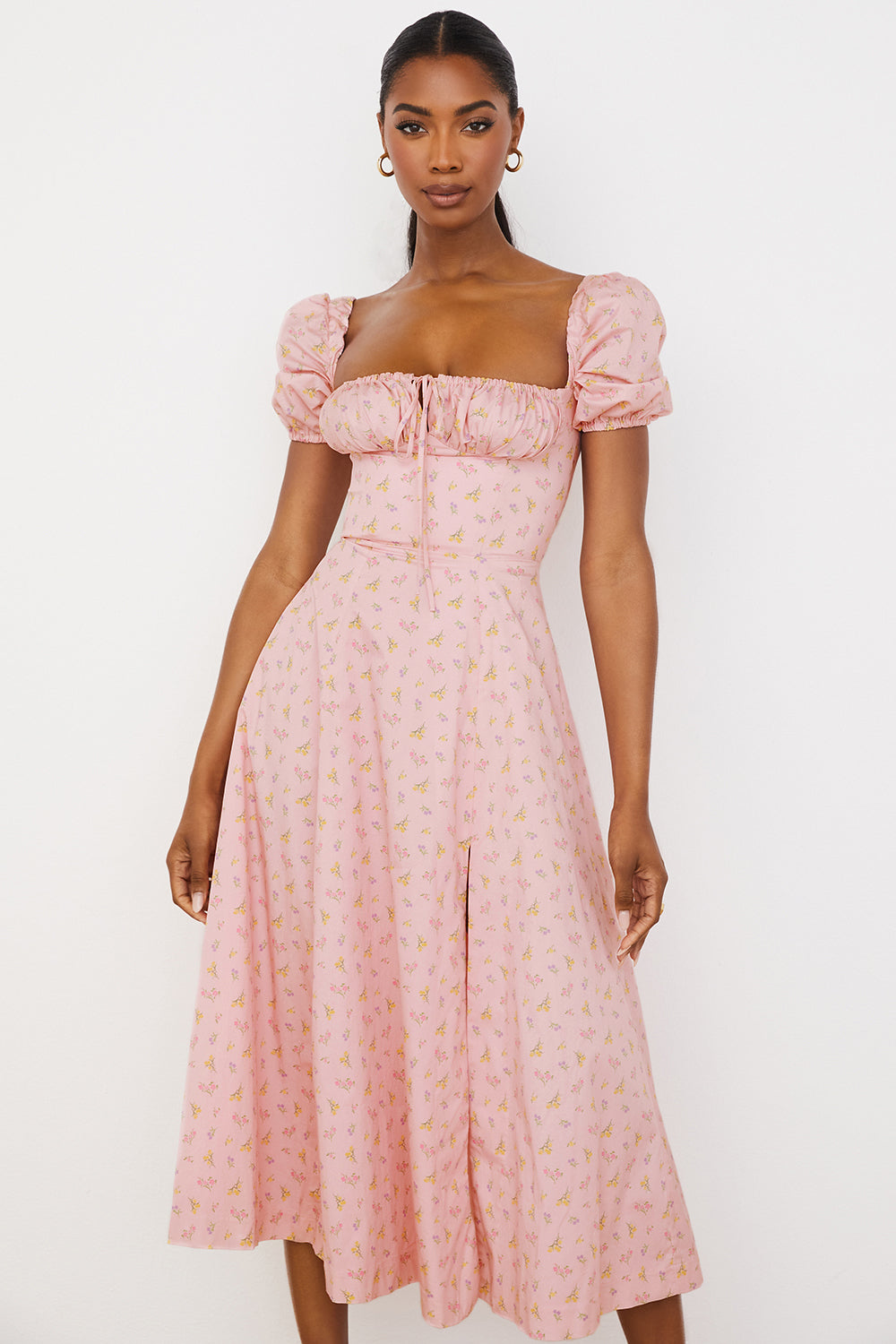Robe d'été midi à manches bouffantes fleuries