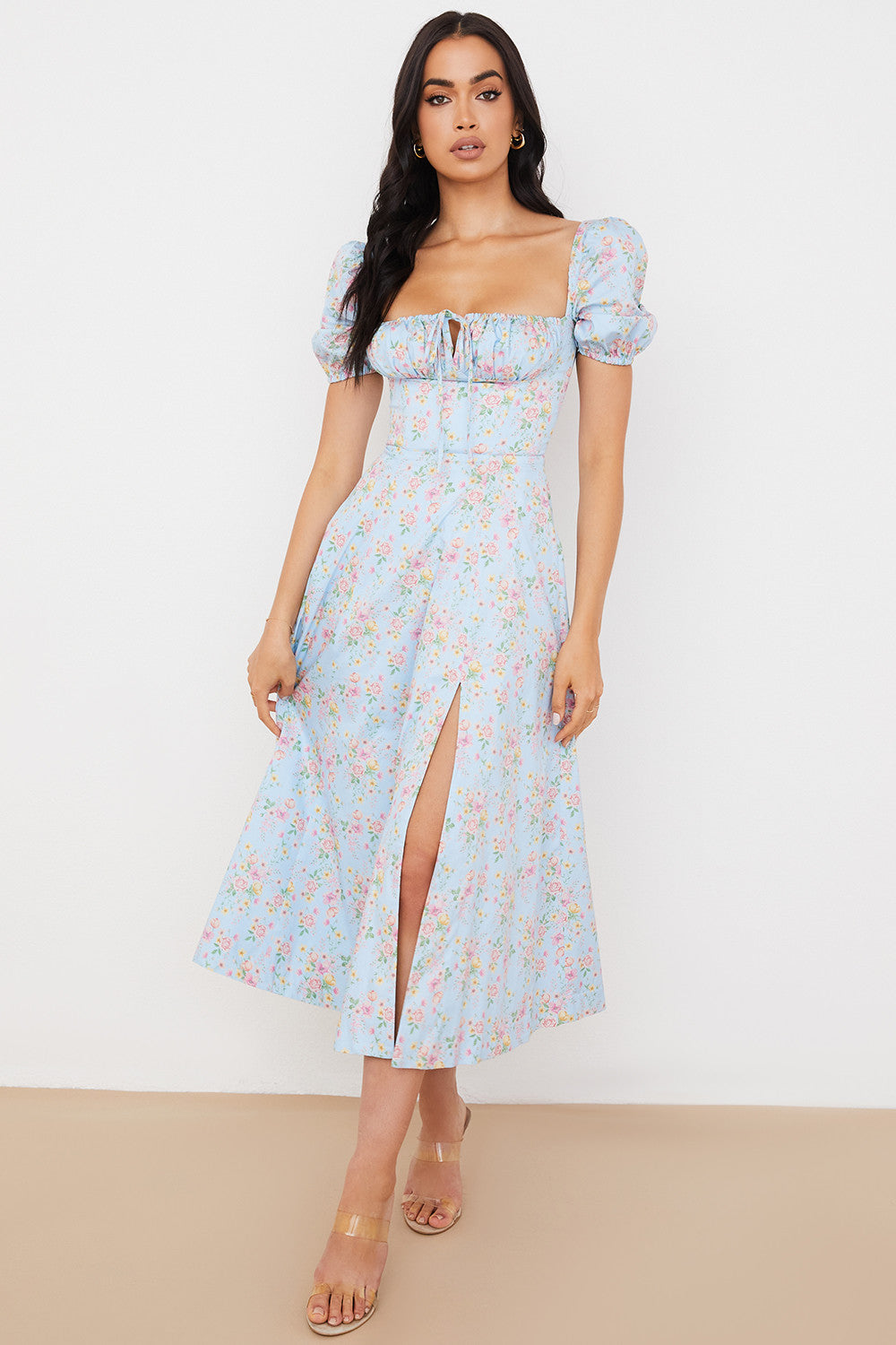 Robe d'été midi à manches bouffantes fleuries