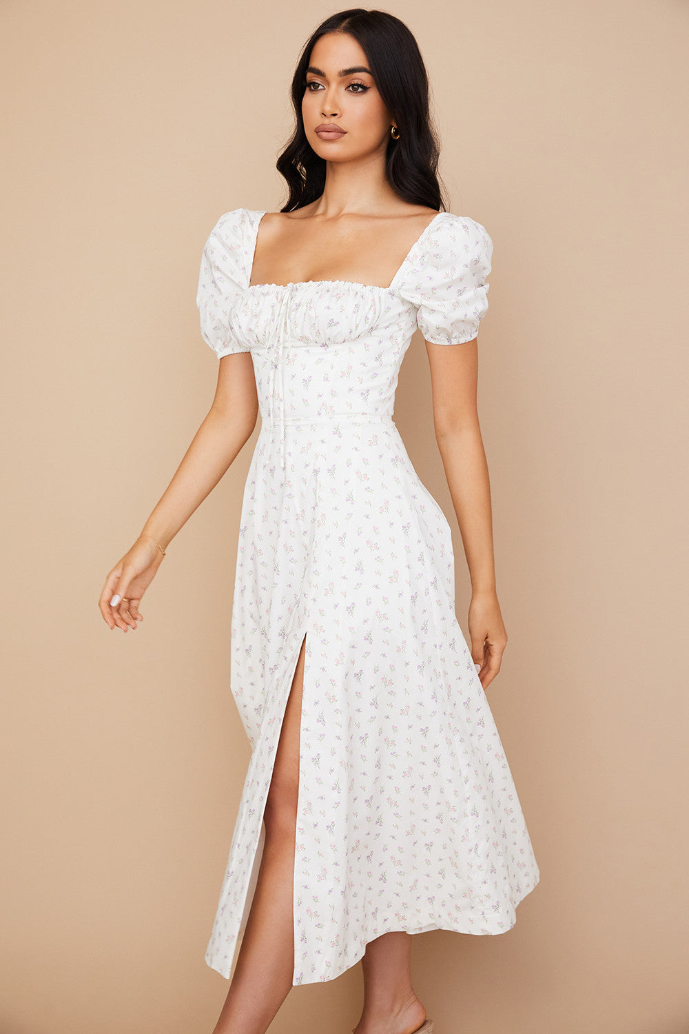 Robe d'été midi à manches bouffantes fleuries