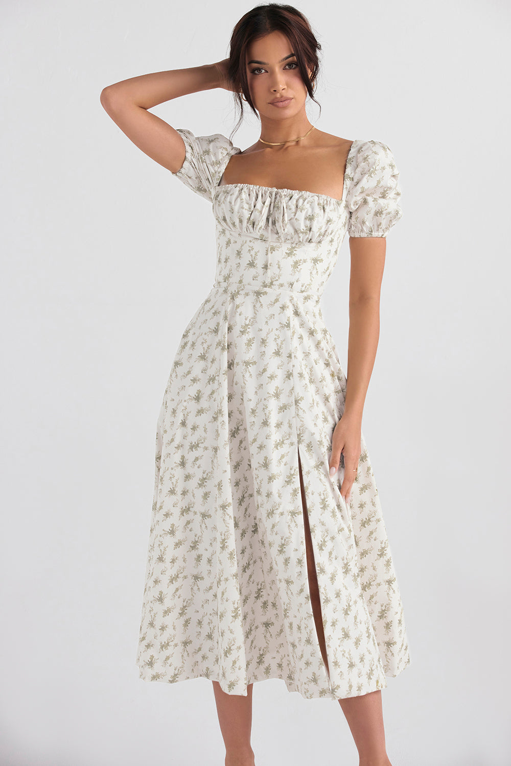 Robe d'été midi à manches bouffantes fleuries