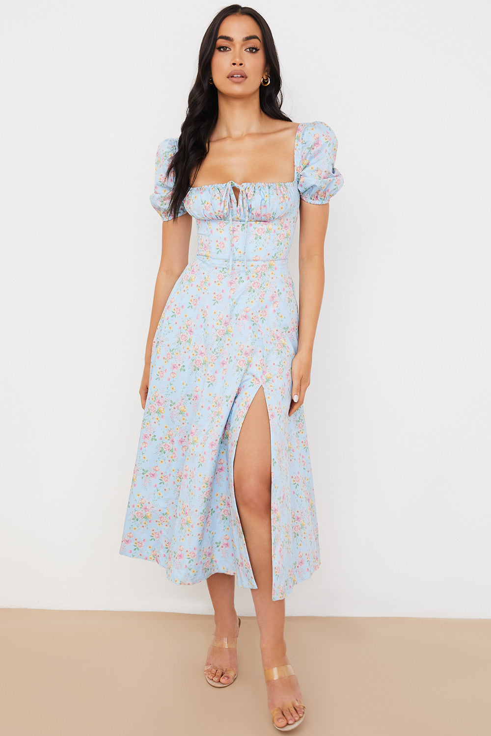 Robe d'été midi à manches bouffantes fleuries