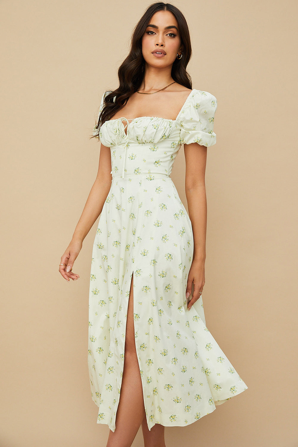 Robe d'été midi à manches bouffantes fleuries