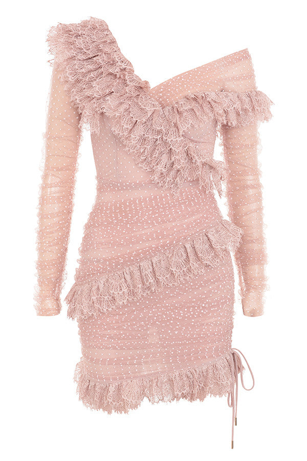 Mini-robe rougissante à volants en dentelle