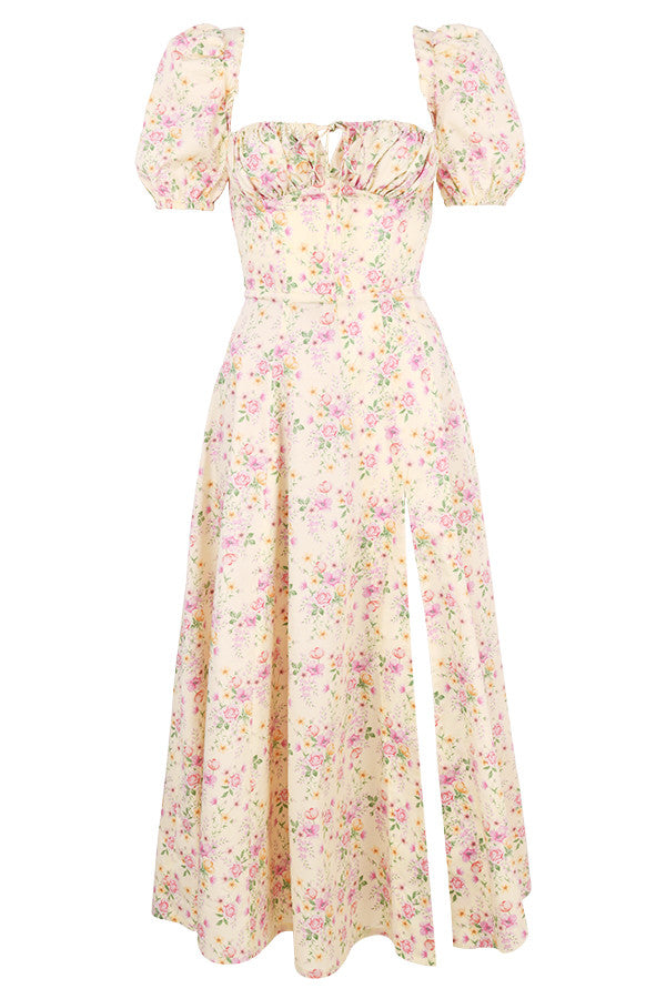 Robe d'été midi à manches bouffantes fleuries