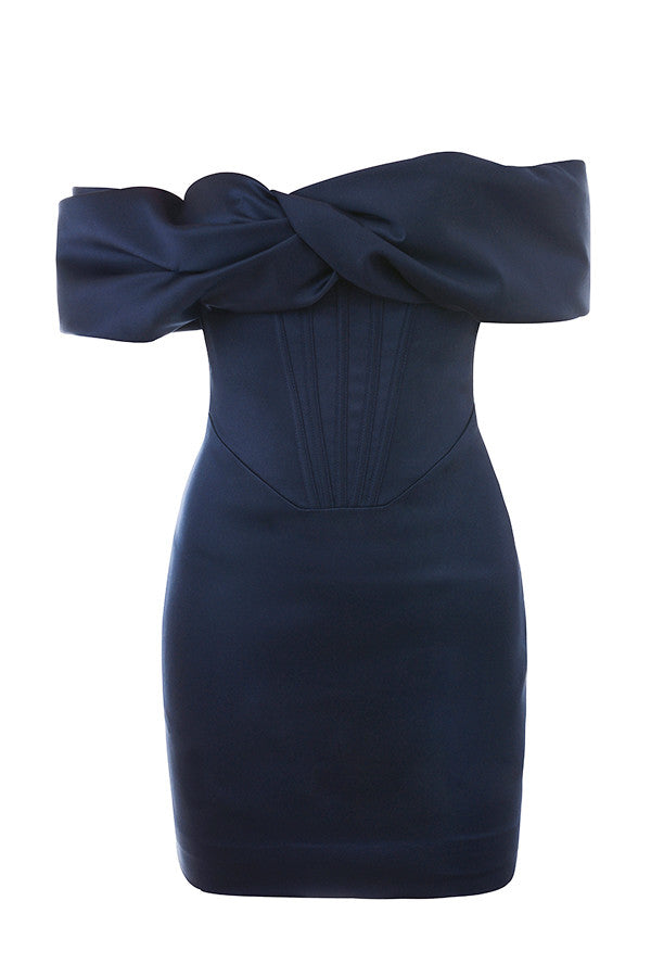 Robe bustier drapée en satin bleu marine