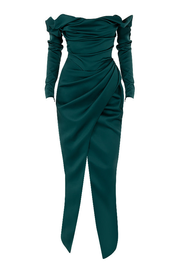 Robe bustier drapée en satin vert émeraude