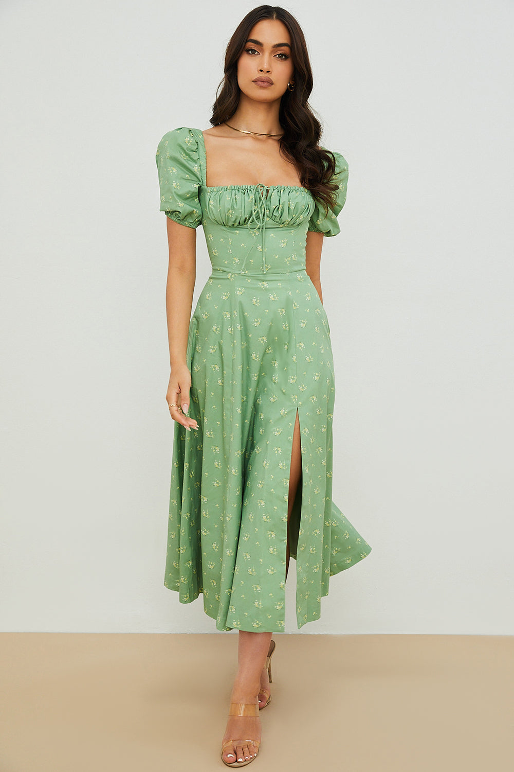 Robe d'été midi à manches bouffantes fleuries