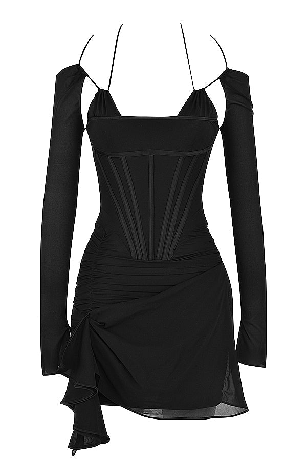 Mini-robe corset en soie véritable noire
