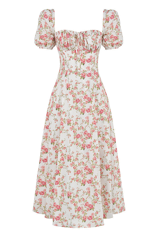 Robe d'été midi à manches bouffantes fleuries