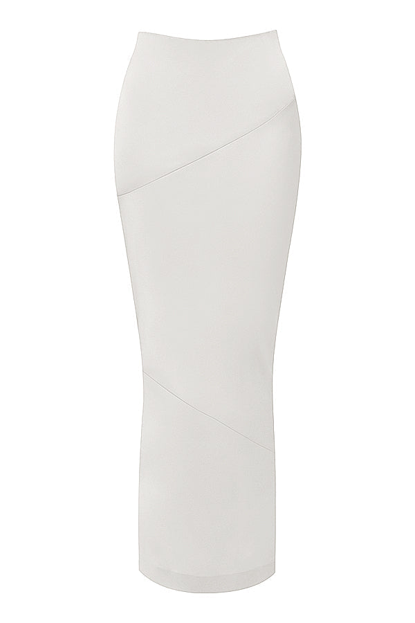 Long corset en satin ivoire avec jupe midi coupée en diagonale