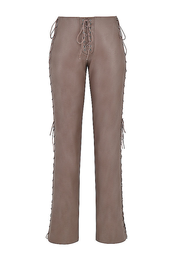 Corset à lacets fumé avec pantalon à lacets en cuir végétalien moka