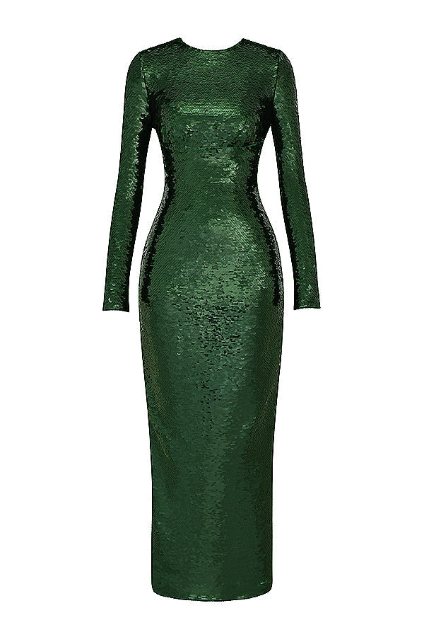 Robe longue vert sapin à sequins