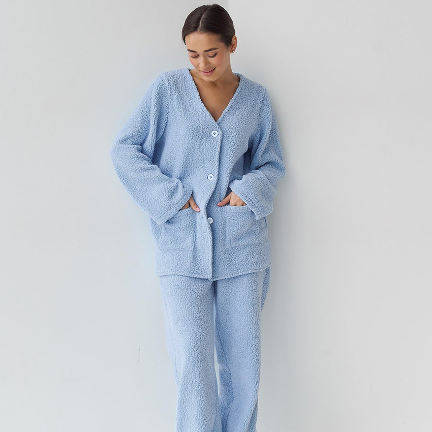 Pyjama en laine bleu manches longues pour femme