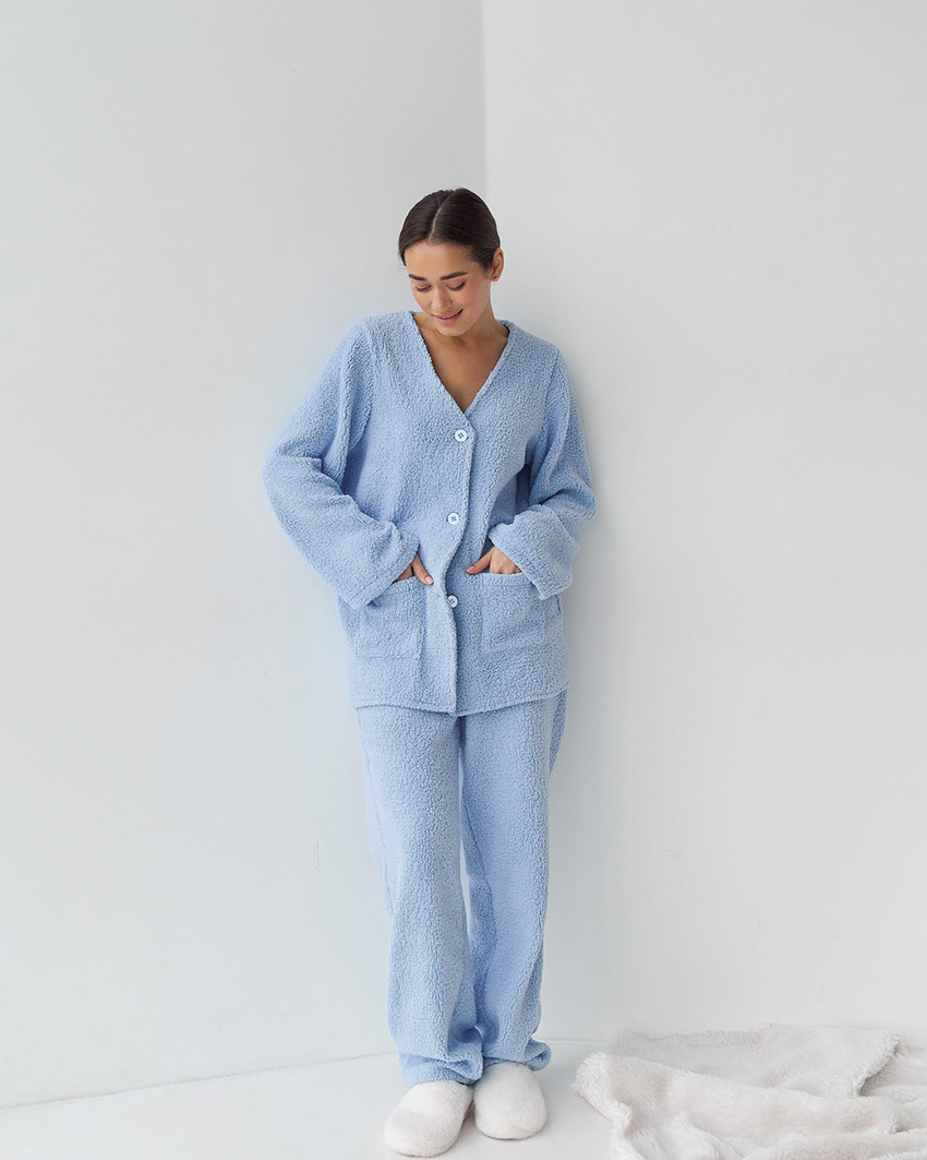 Pyjama en laine bleu manches longues pour femme