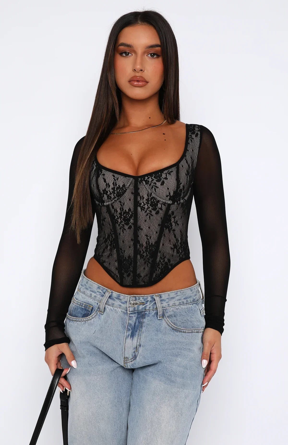 Bustier noir en dentelle à manches longues
