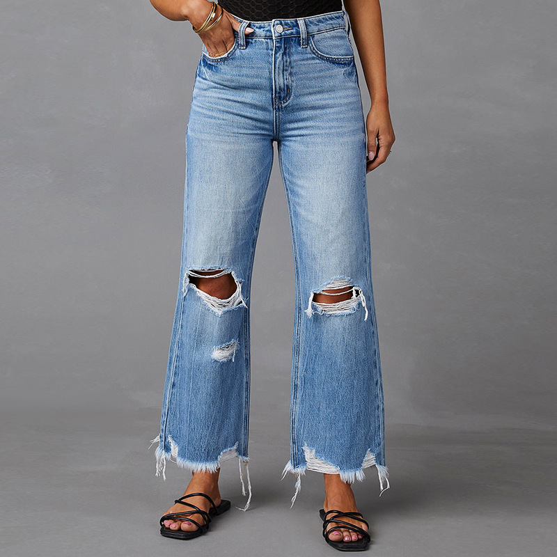 Jean taille haute avec trous pour femme