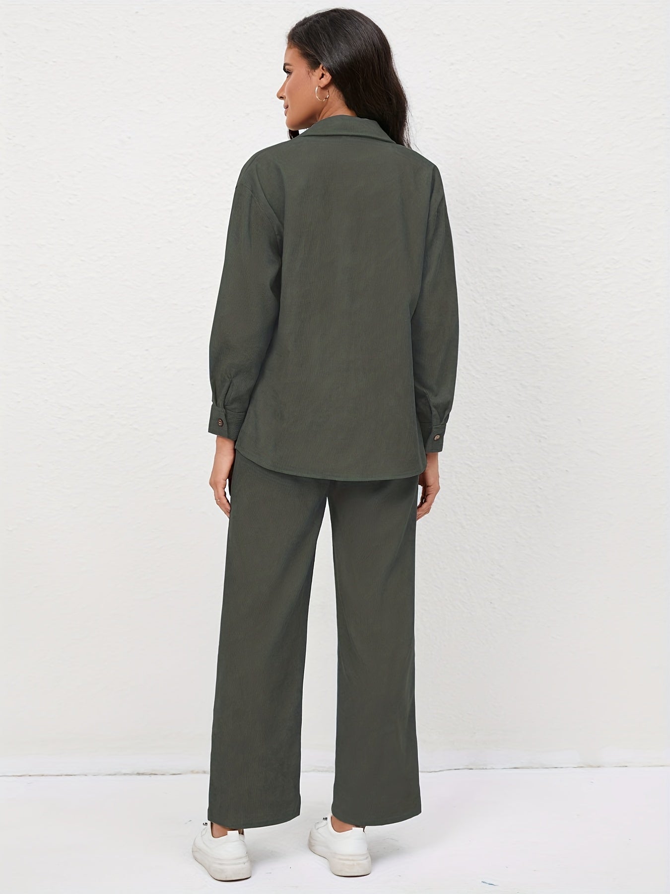 Chemise décontractée et pantalon en velours côtelé à manches longues et taille haute élastique