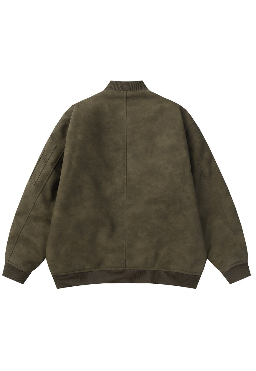 Blouson bomber vert universitaire en simili cuir velours pour homme