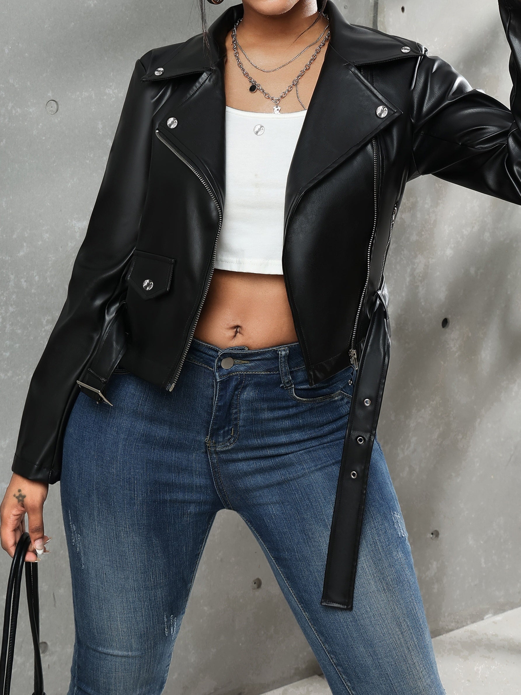 Veste en cuir noir avec ceinture pour femme