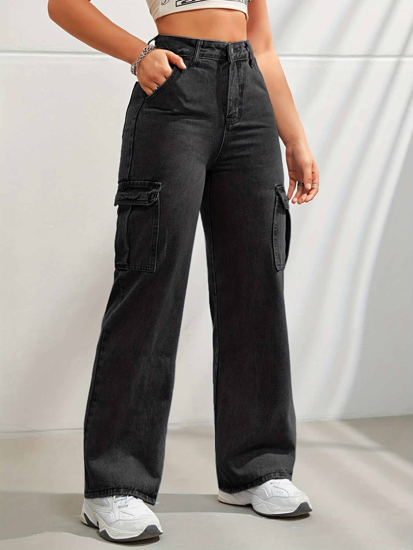 Pantalon cargo en jean taille haute