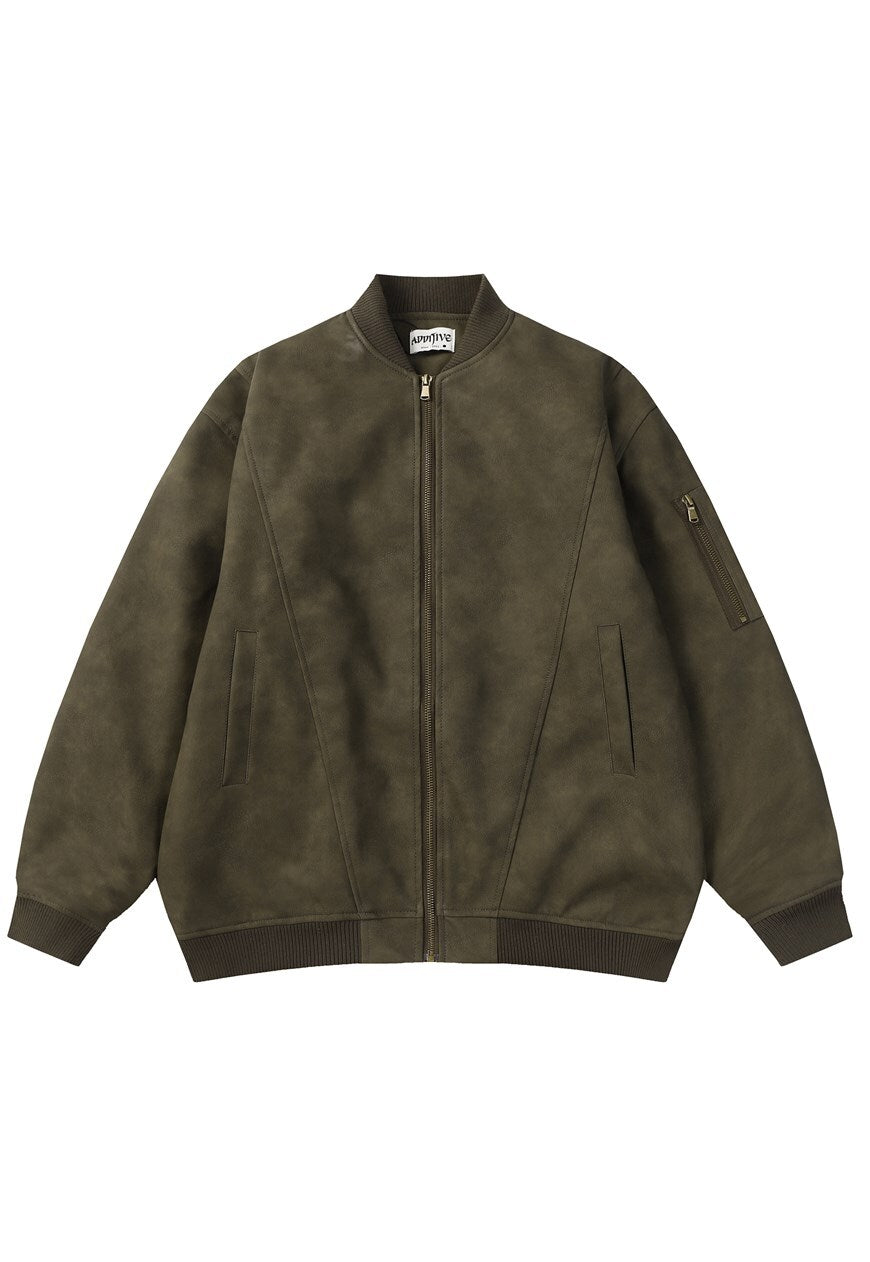 Blouson bomber vert universitaire en simili cuir velours pour homme