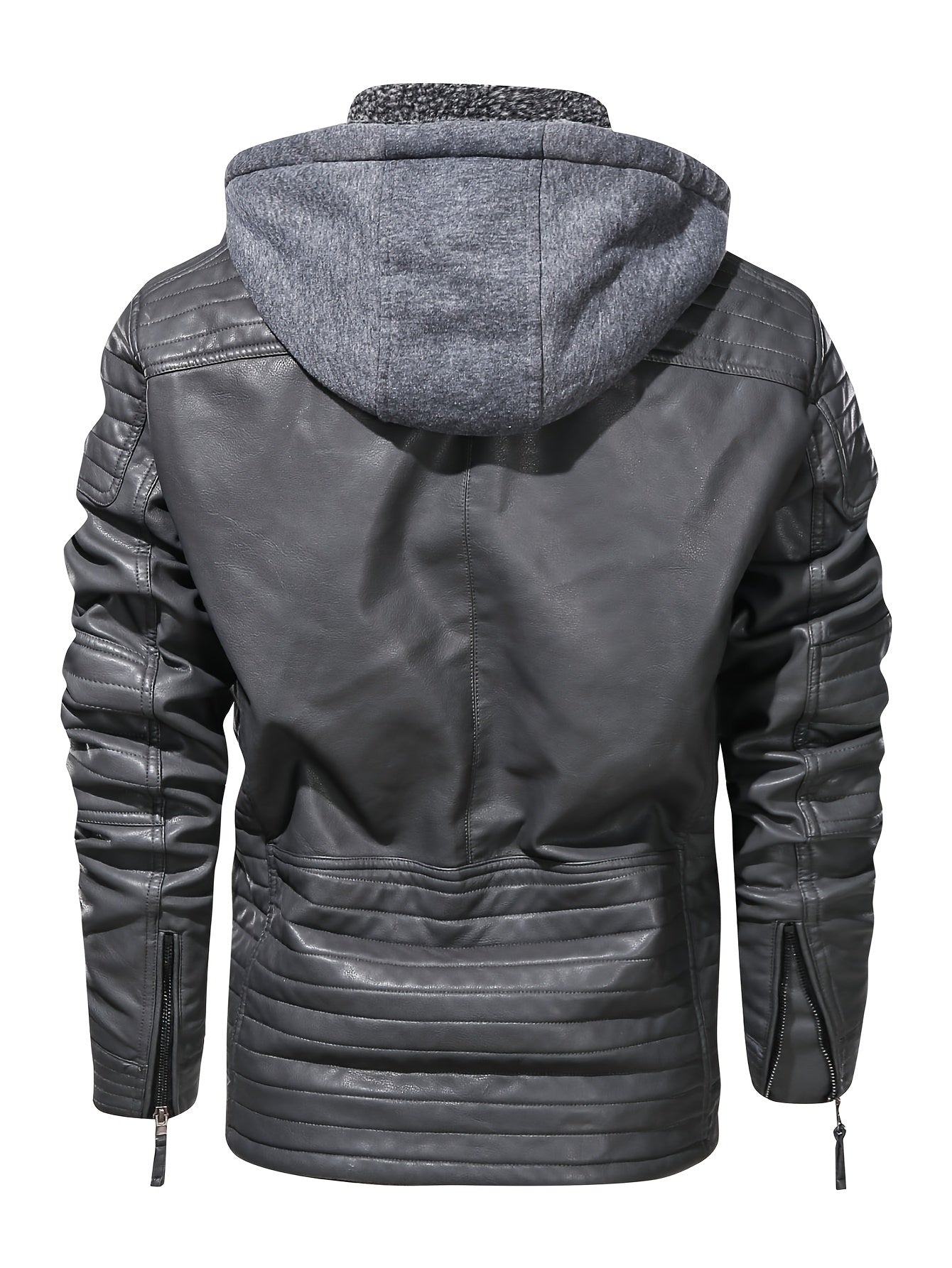 Blouson biker en cuir gris à capuche