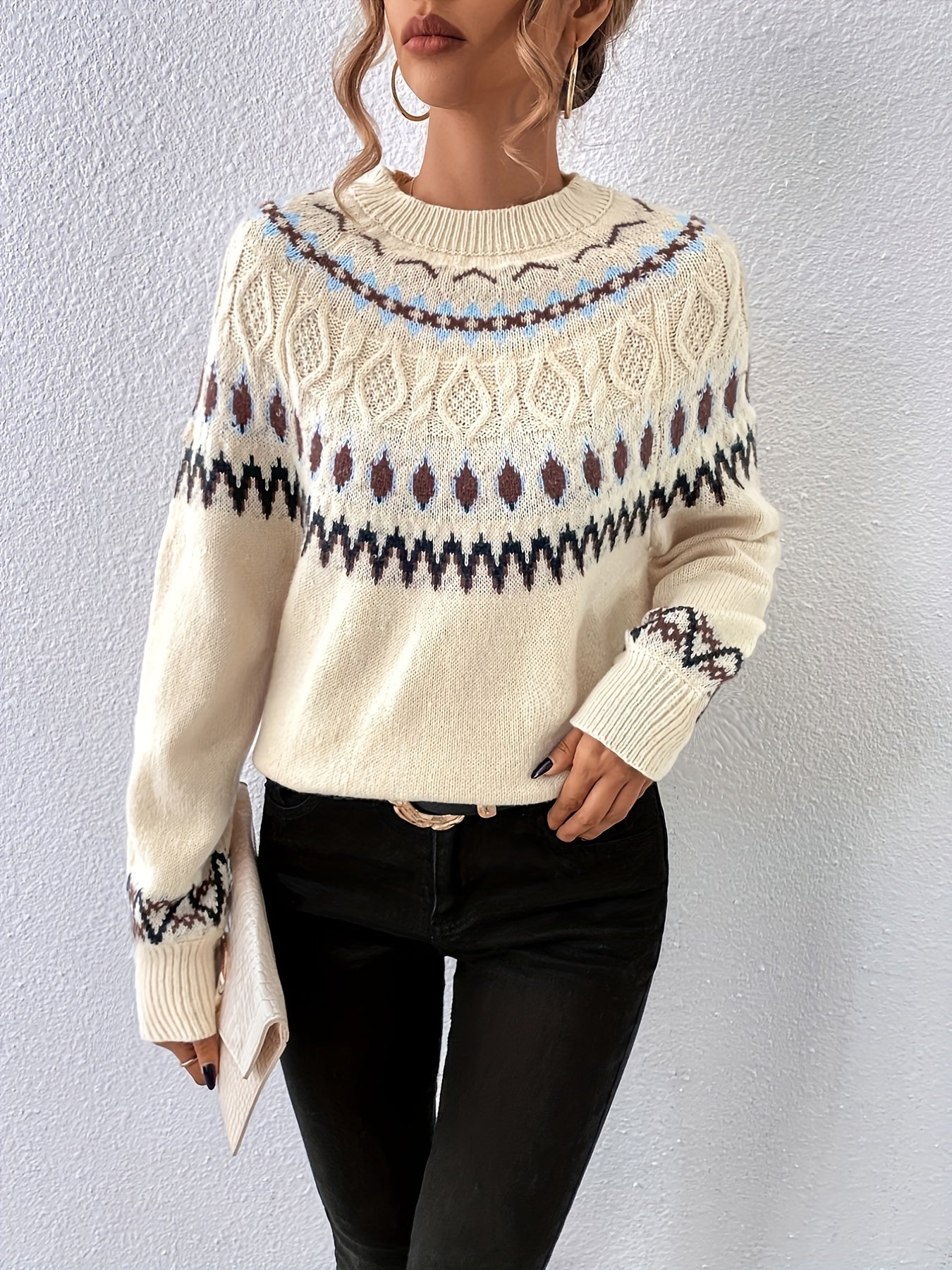Pull col rond à motif géo