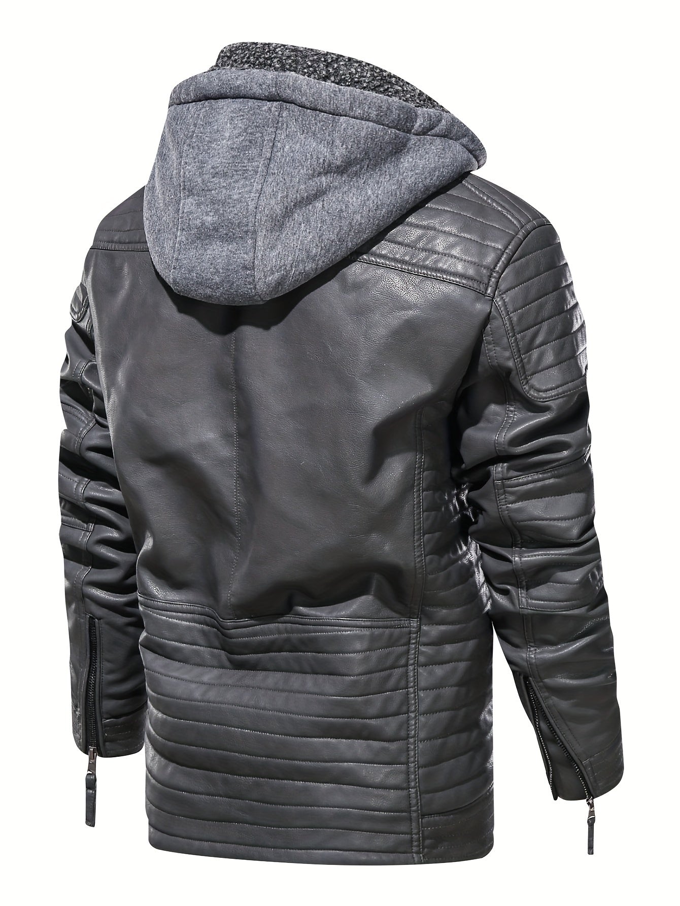 Blouson biker en cuir gris à capuche