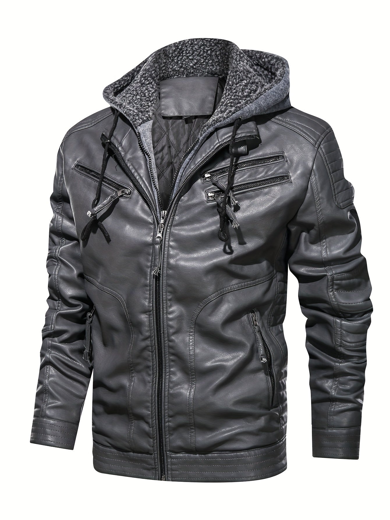 Blouson biker en cuir gris à capuche