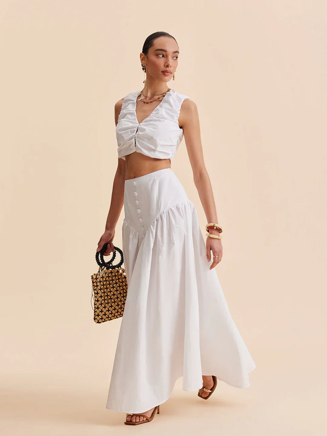 Ensemble Haut Court Plissé Chic et Jupe Boutonnée Chic