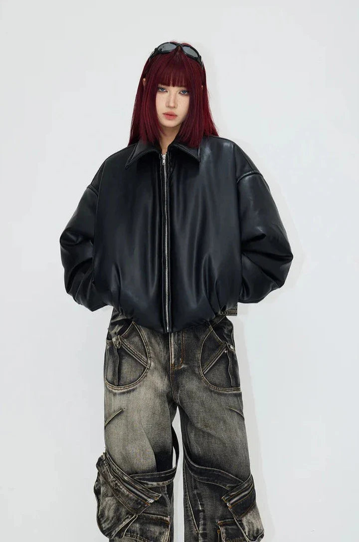 Veste courte en cuir noir coupe-vent