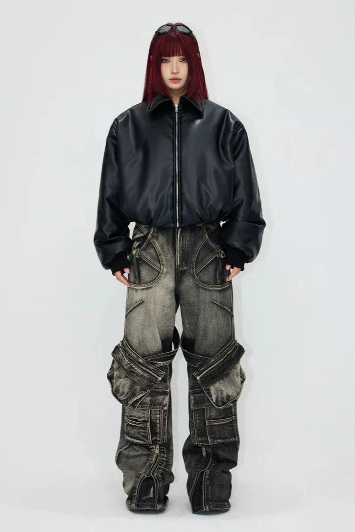 Veste courte en cuir noir coupe-vent